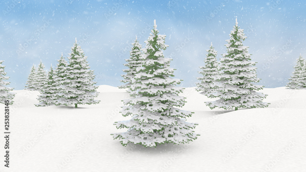 Christmas background winter scenery landscape with falling snow and blue sky. 3D render