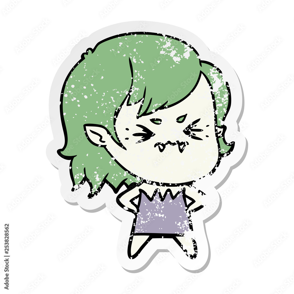 distressed sticker of a annoyed cartoon vampire girl distressed sticker of a annoyed cartoon vampire girl