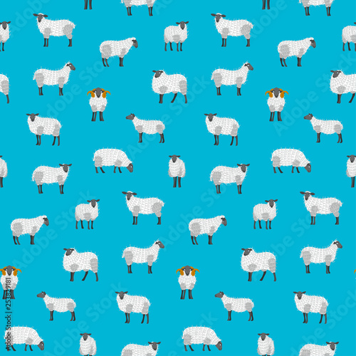 Sheep seamless background pattern wallpaper vector flock group with cute funny cartoon characters. Lamb poddy ewe jumbuck mutton childish infantile. Comic comical decoration textile fabric cloth. 