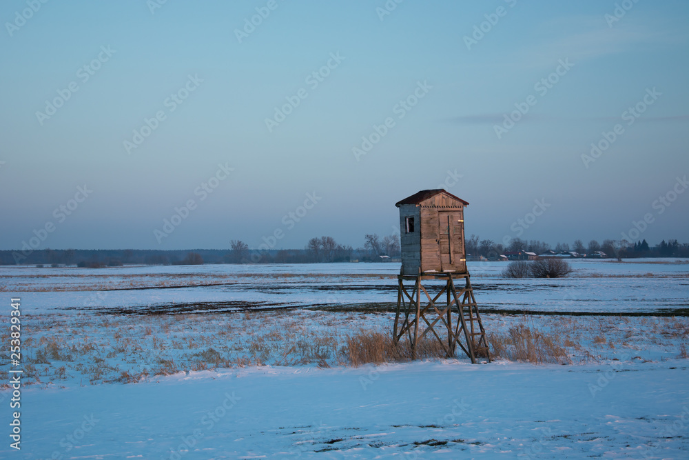Wooden observation booth on the field Wooden observation booth on the field