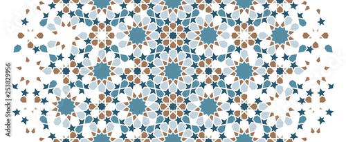 Arabesque vector seamless pattern. Geometric halftone texture with color tile disintegration or breaking