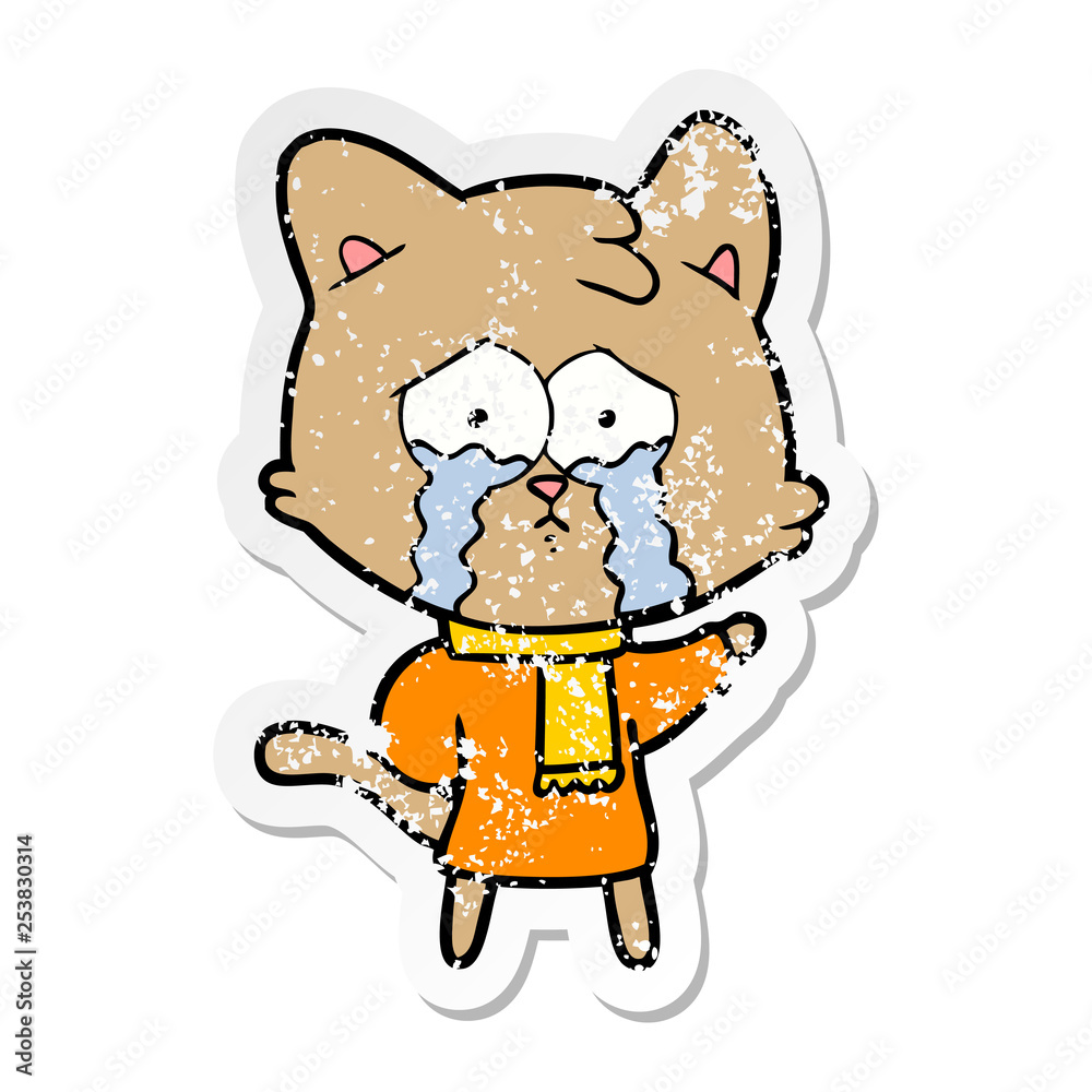 distressed sticker of a cartoon crying cat distressed sticker of a cartoon crying cat