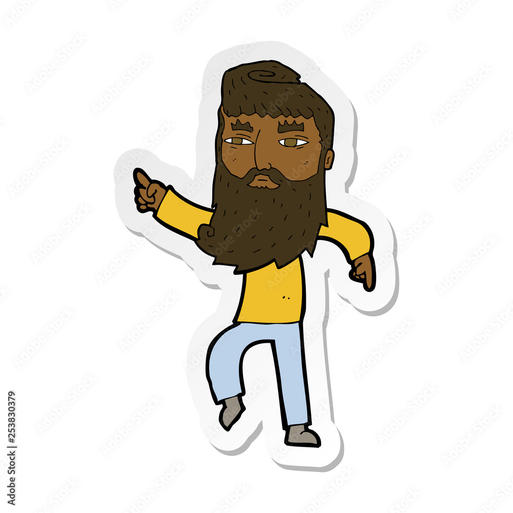 sticker of a cartoon bearded man pointing the way