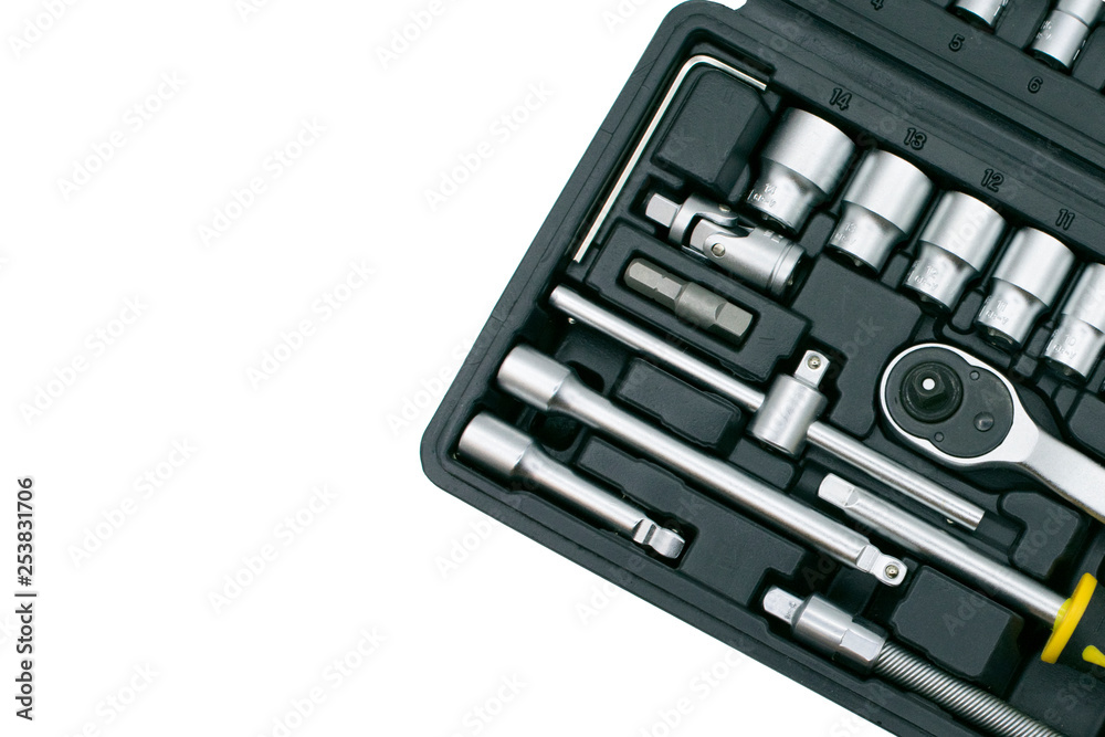 set of tools in a briefcase on a white background. Isolate set of tools in a briefcase on a white background. Isolate