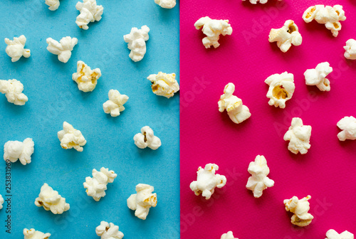 popcorn on pink and blue background