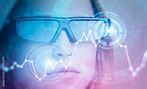 Woman in augmented reality glasses, graph and hud