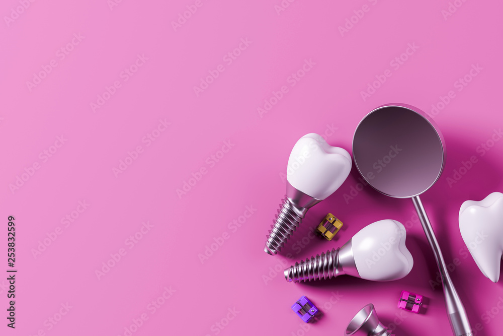 Implant screw teeth and mirror, pink background