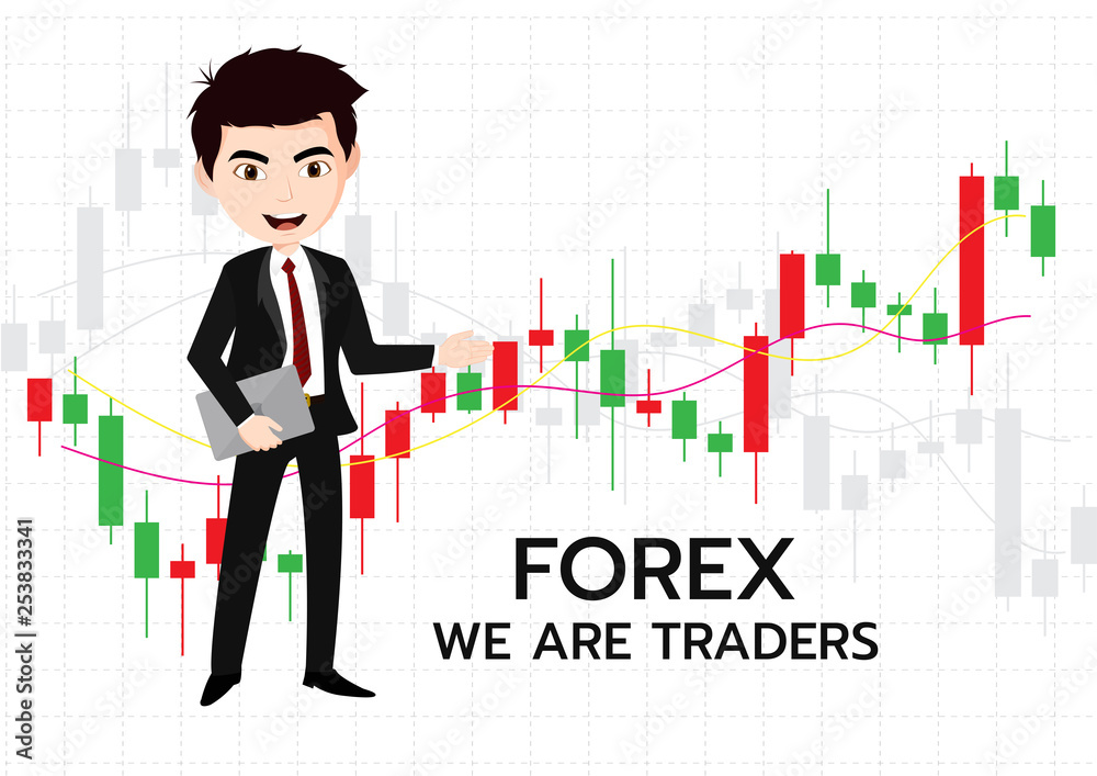 Young man trader and business candlestick chart Young man trader and business candlestick chart