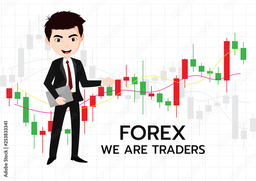 Young man trader and business candlestick chart