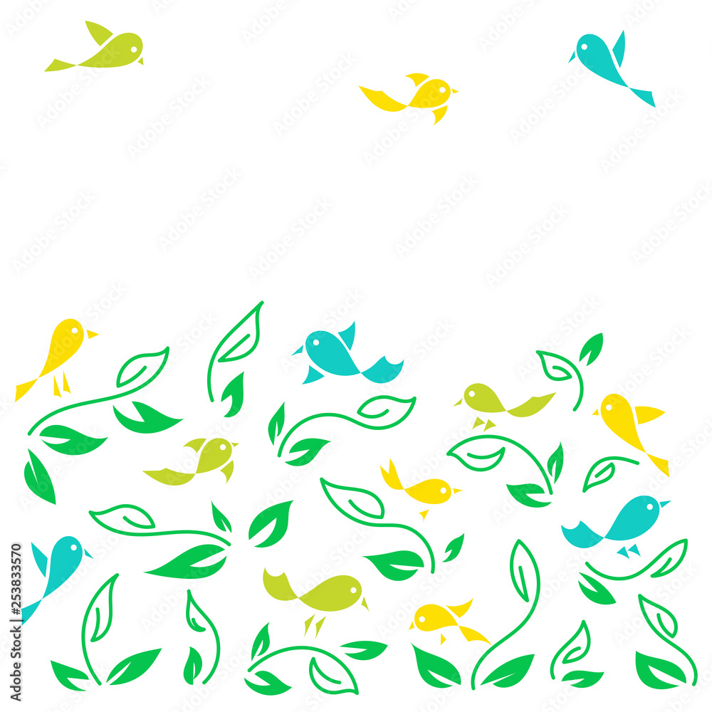 Floral background with funny little birds. Vector.