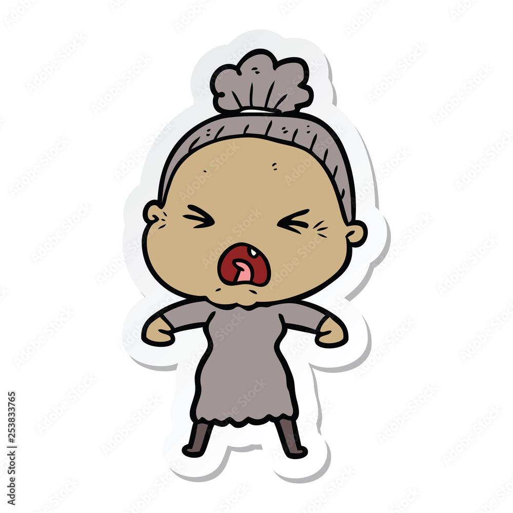 sticker of a cartoon angry old woman sticker of a cartoon angry old woman