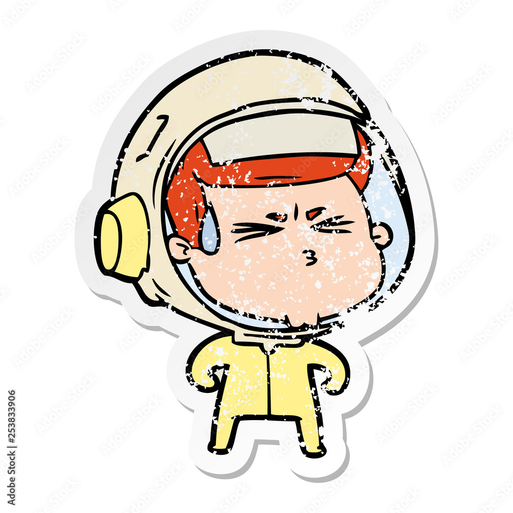 distressed sticker of a cartoon stressed astronaut distressed sticker of a cartoon stressed astronaut