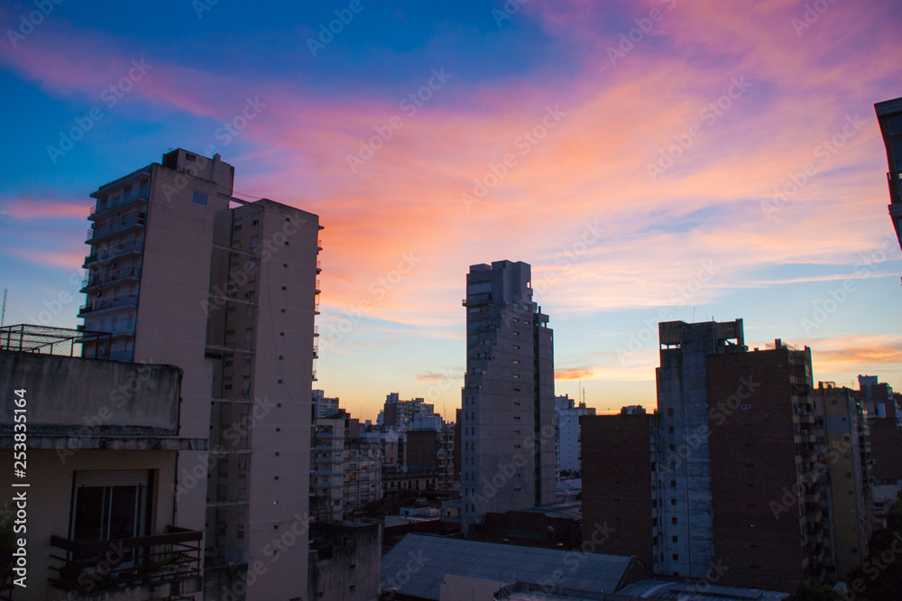 Sunset over the Rosario city buildings