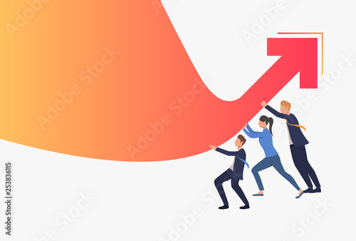Business people pushing red financial arrow graph up