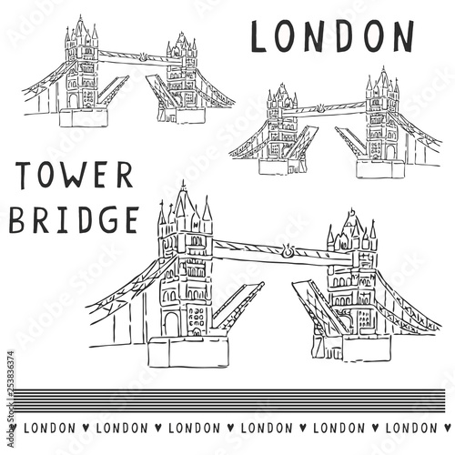 Sketchy London Tower Bridge illustration set. Famous historical british monument for travel vacation clipart, british uk sightseeing icon graphics. Drawbridge over river thames. Love London black.