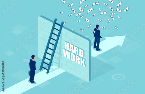 Vector of a businessman separated by a wall from a successful entrepreneur under money rain