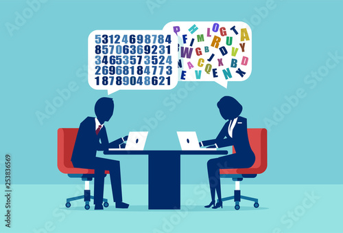 Vector of a businessman and businesswoman having a different approach to problem solving