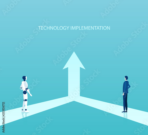 Vector of a businessman working together with robot for a common goal.
