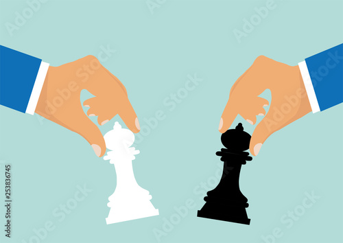Vector of businessmen moving chess pieces as a symbol of rivalry corporate negotiation.