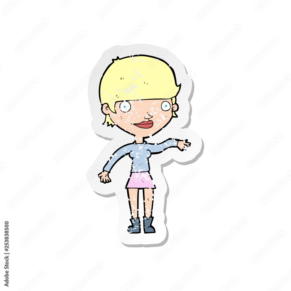 retro distressed sticker of a cartoon happy woman retro distressed sticker of a cartoon happy woman