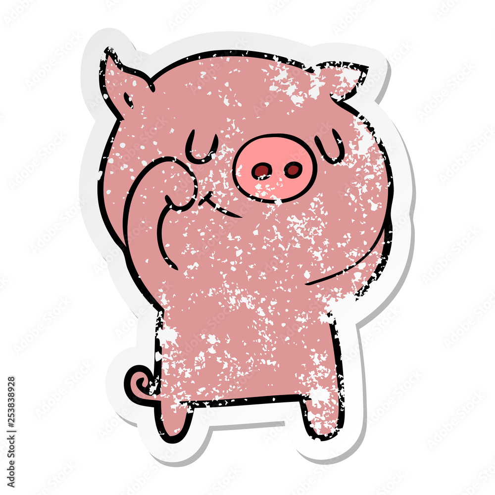 distressed sticker of a happy cartoon pig distressed sticker of a happy cartoon pig