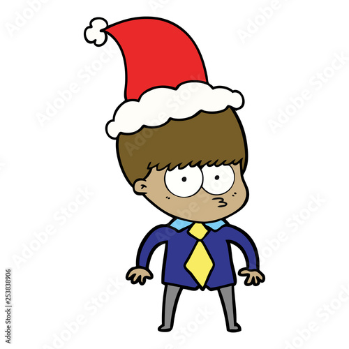 nervous line drawing of a boy wearing shirt and tie wearing santa hat