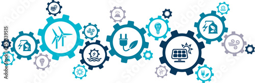 renewable energy icon concept – alternative electricity sources: wind, solar power, hydro electricity, geothermic sources – vector illustration