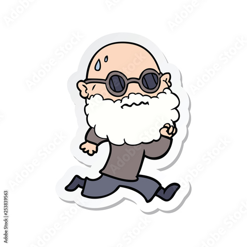 sticker of a cartoon running man with beard and sunglasses sweating