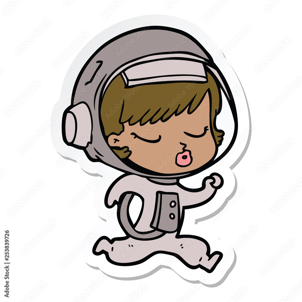 sticker of a cartoon pretty astronaut girl running