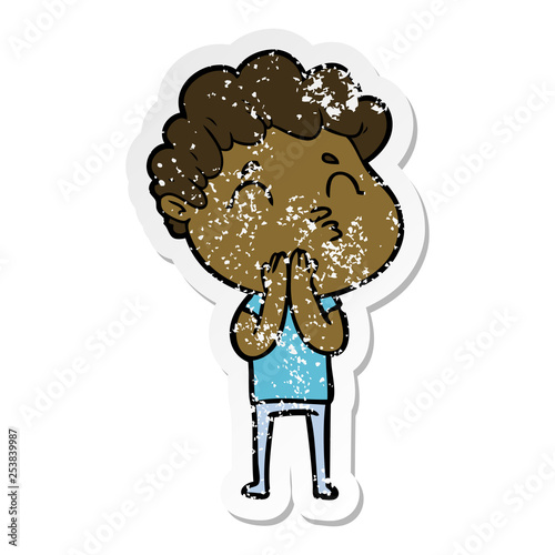 distressed sticker of a cartoon man pouting