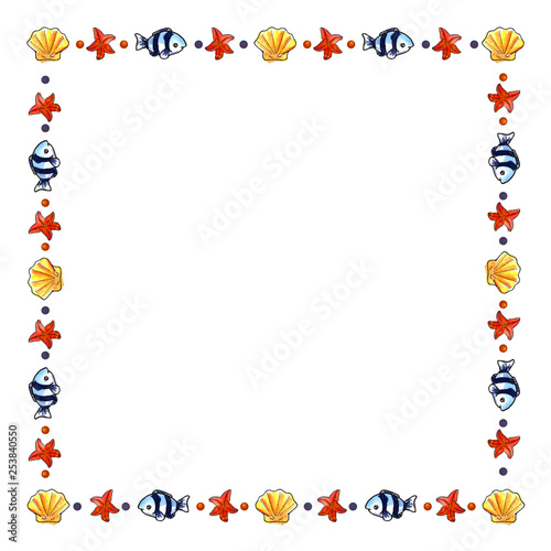 Decorative frame square of red sea stars, blue fish, yellow shells, pearls on a white background.