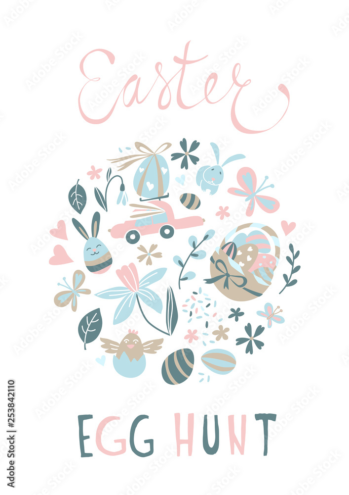 Funny Happy Easter eggs hunt greeting card cartoon style design. Funny Happy Easter eggs hunt greeting card cartoon style design.