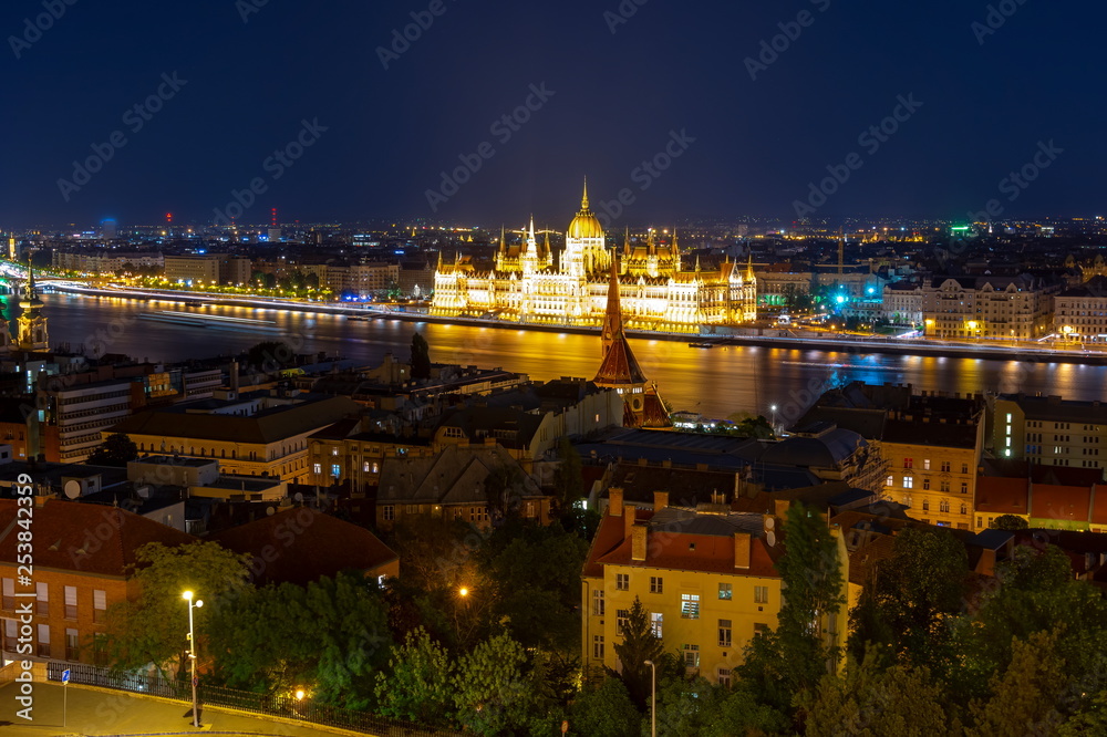 Hungarian Parliament Building and Budapest cityscape at night, Hungary
