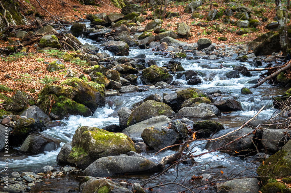 Small river on mountain swollen due to snow melt. Riverbed with big stones. End of winter and beginning of spring. Small river on mountain swollen due to snow melt. Riverbed with big stones. End of winter and beginning of spring.