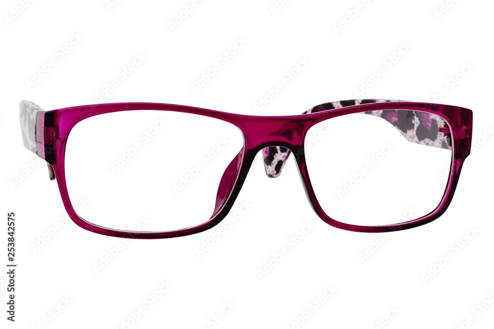Purple glasses with transparent lenses isolated on white background