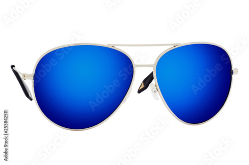 Sunglasses with metal frame and blue lens isolated on white background