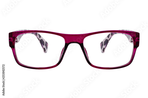 Purple glasses with transparent lenses isolated on white background
