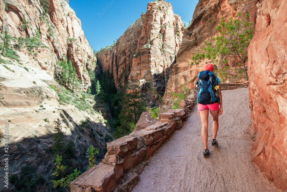 Young woman wearing backpack is trekking to Angel's Landing in Zion National park in Utah, USA. Female on a hiking trail in Zion National Park in Usa. Travel and adventure concept.