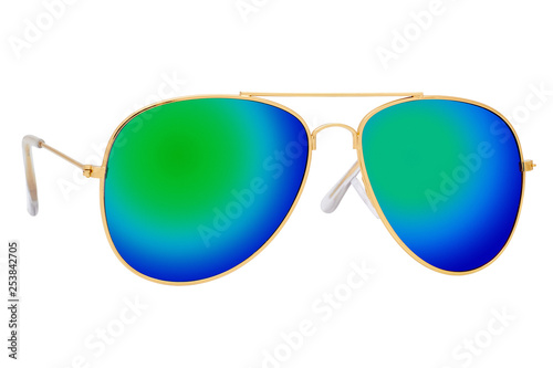 Aviator sunglasses with gold frame and chameleon lenses isolated on white background