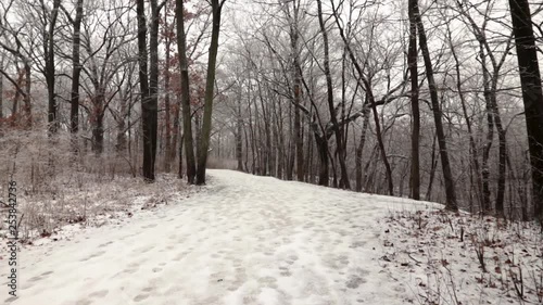 A slow motion wide angle view  of a snowy forest trail in winter. The ground is covered in snow and trees are covered in ice from freezing rain.