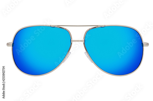 Sunglasses with metal frame and blue lens isolated on white background