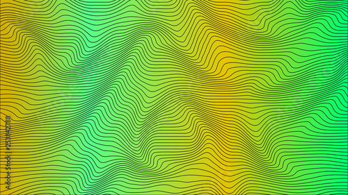 Green colorful curvy geometric lines wave pattern texture on colorful background. Wave Stripe Background. Abstract background with distorted shapes. Illusion of movement, op art pattern. © Unwind