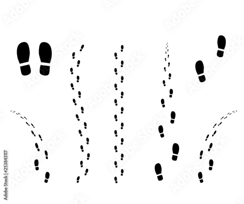 Human footprint from the sole of the boot. Silhouette of the path. Traces of dirt. Vector design element isolated white background.