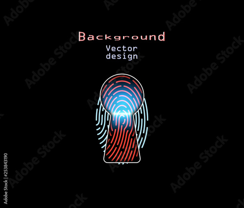 A vector illustration of the fingerprint concept is the key to open or initialize. Identification Abstraction in the keyhole, the effect of laser blue lighting.