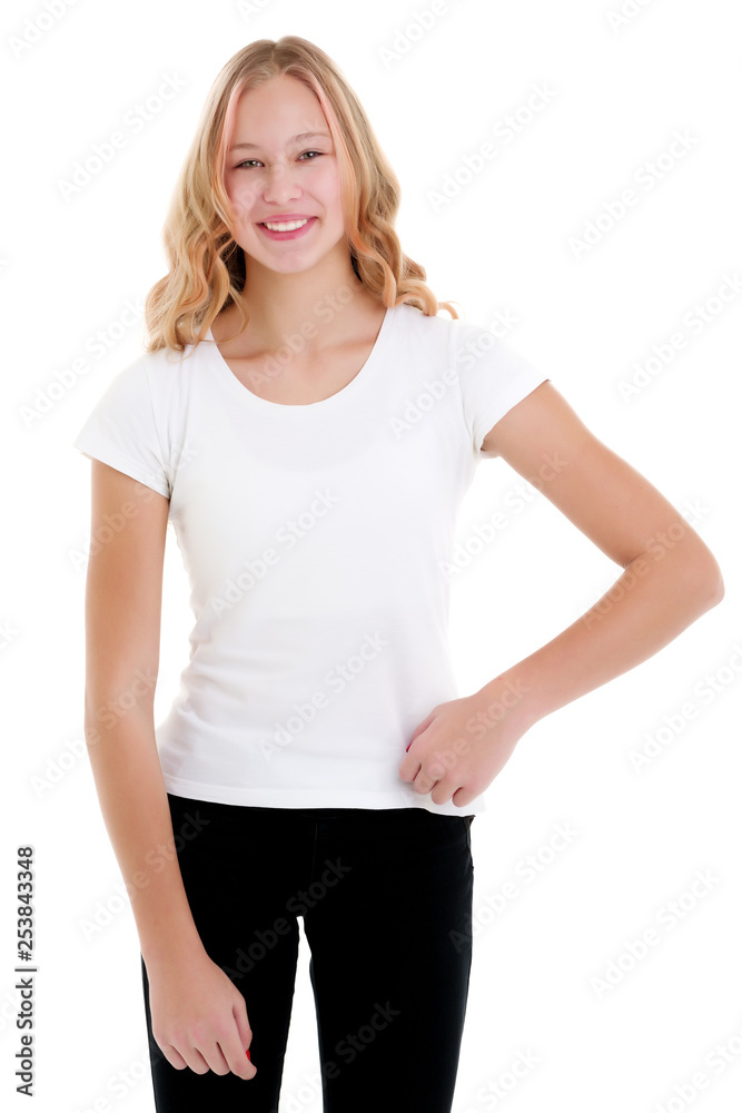 Emotional little girl in a clean white T-shirt. Emotional little girl in a clean white T-shirt.