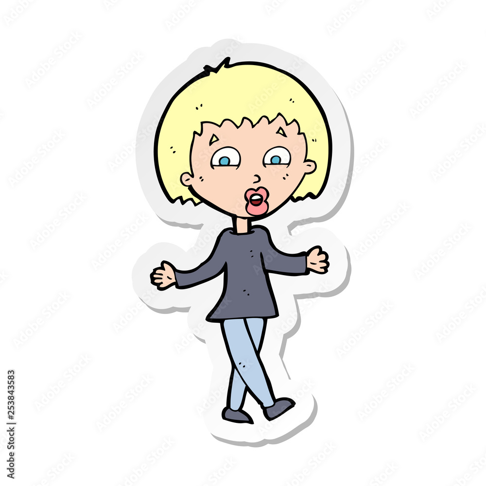 sticker of a cartoon woman shrugging shoulders sticker of a cartoon woman shrugging shoulders