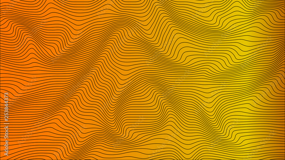 Orange & yellow colorful curvy geometric lines wave pattern texture on colorful background. Wave Stripe Background. Abstract background with distorted shapes. Illusion of movement, op art pattern.