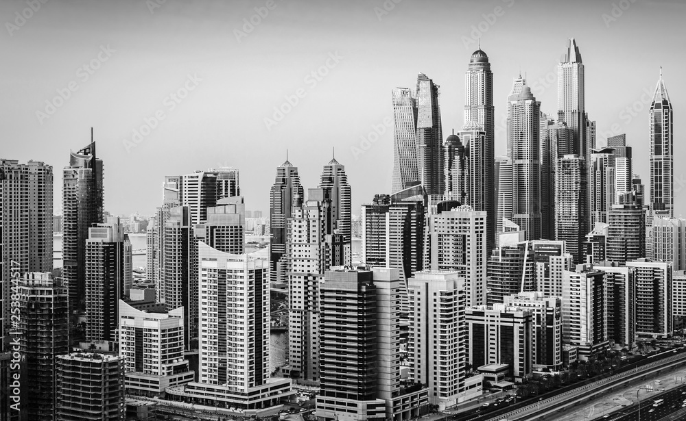 Amazing rooftop view on Dubai Marina skyscrapers and Sheikh Zayed road, Dubai, United Arab Emirates