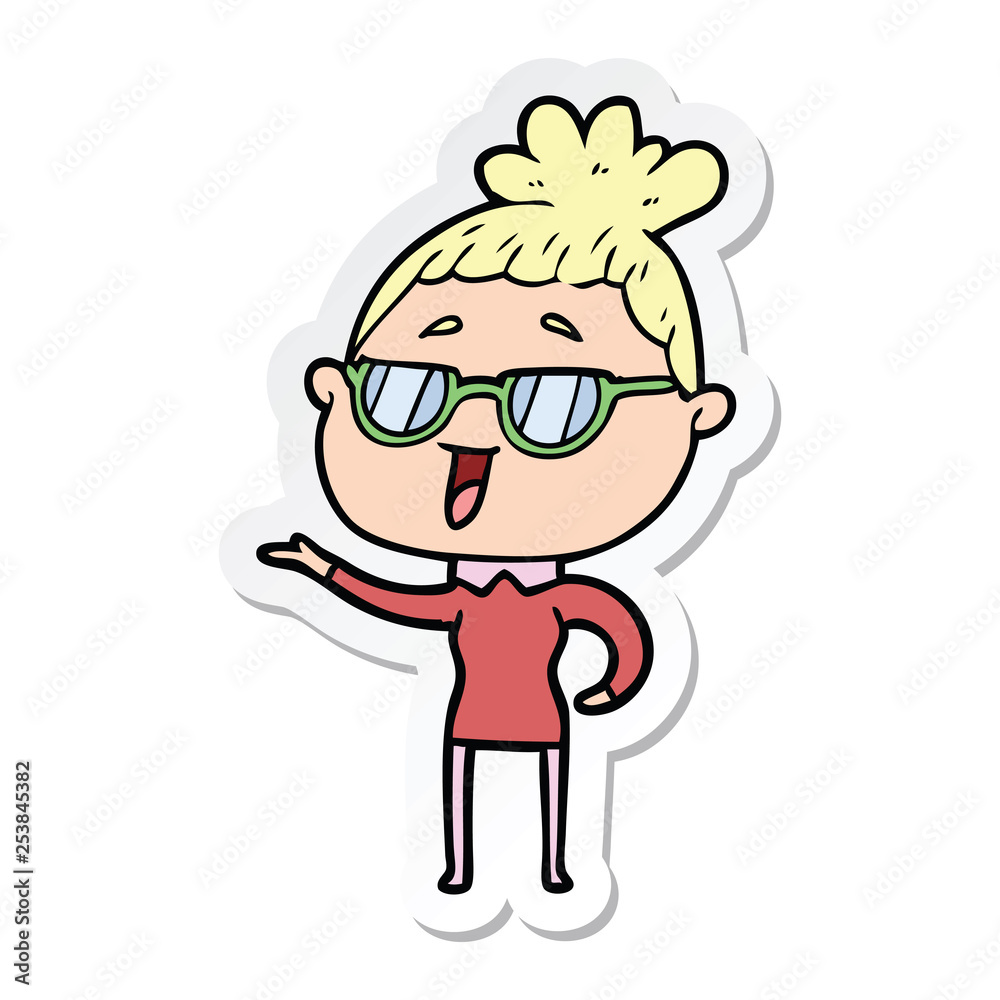 sticker of a cartoon happy woman wearing spectacles