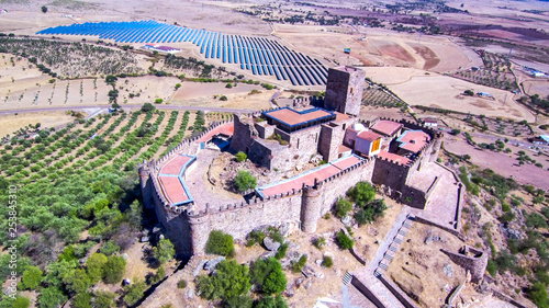Spain. Historical village of  Alconchel. Extremadura. Aerial view by Drone